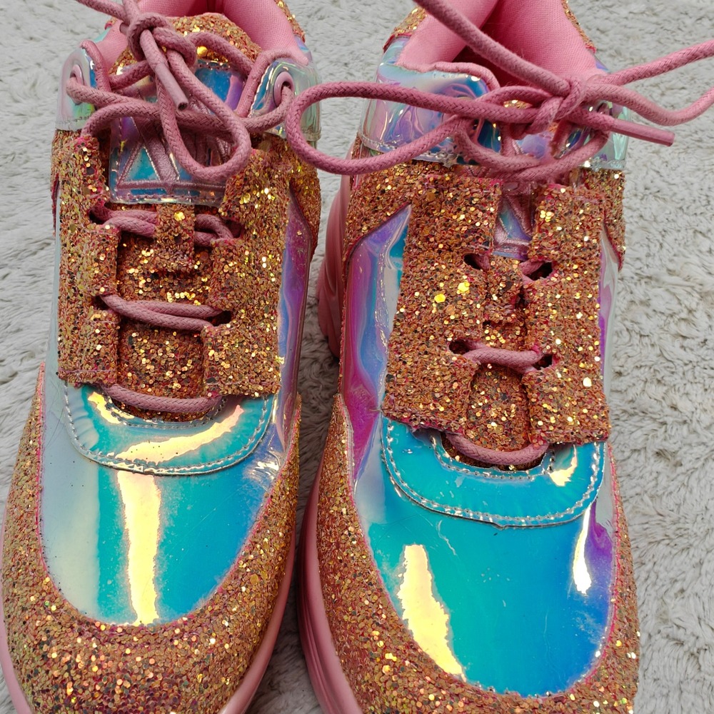 YRU Pink Holographic Glitter Chunky Platform Sneaker Shoe Sz7 Rave Festival Punk - Picture 4 of 10